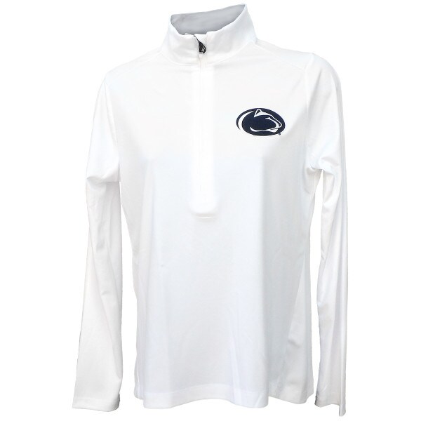 women's white long sleeve 1/2 zip pullover with Penn State Athletic Logo on left chest